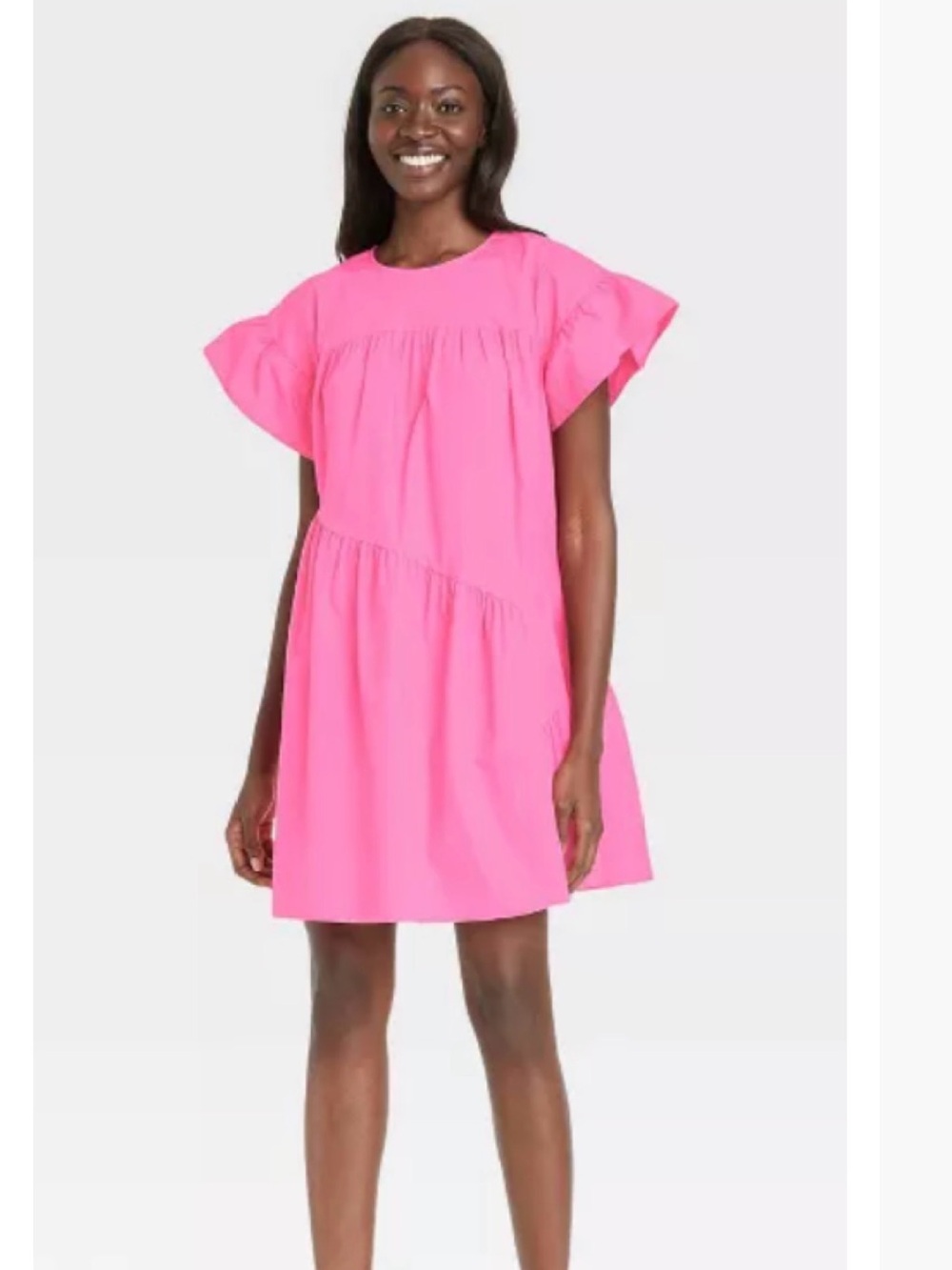 Who What Wear Bright Hot Pink Ruffle Sleeve Tiered Dress